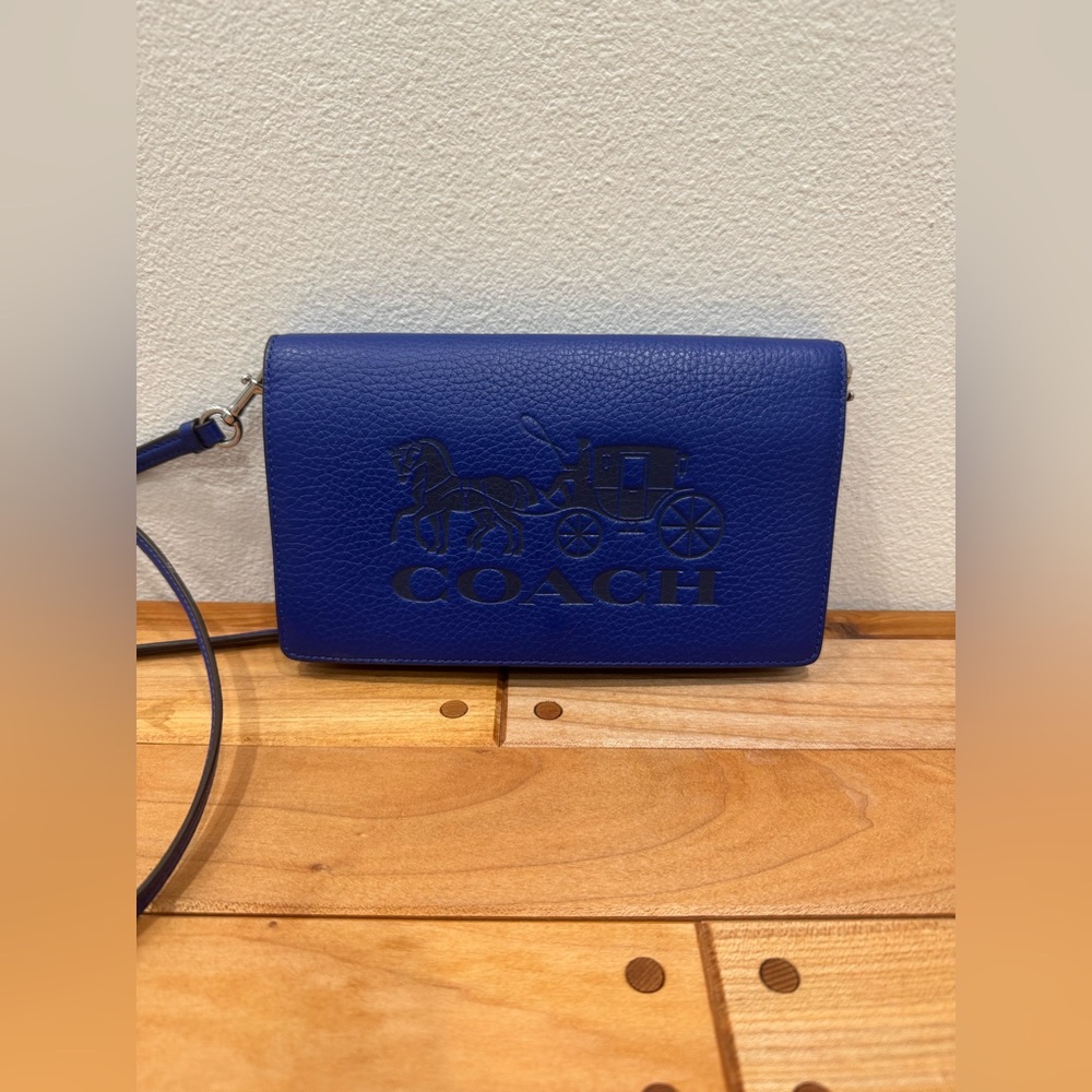 Coach Blue Horse and Carriage Anna Foldover Clutch Crossbody w/COA